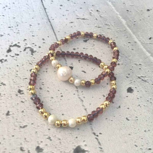 Set de 2 Pulseras de Cristales Morados con Perla Cultivada