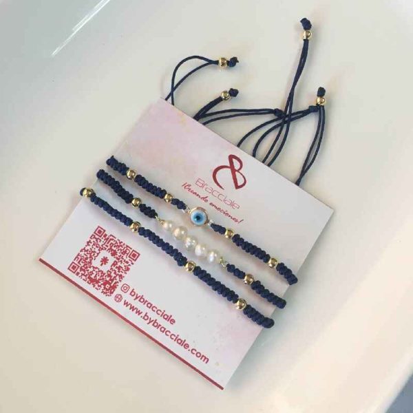 Set de Pulseras Azul Marino con Ojo Turco y Perlas Cultivadas