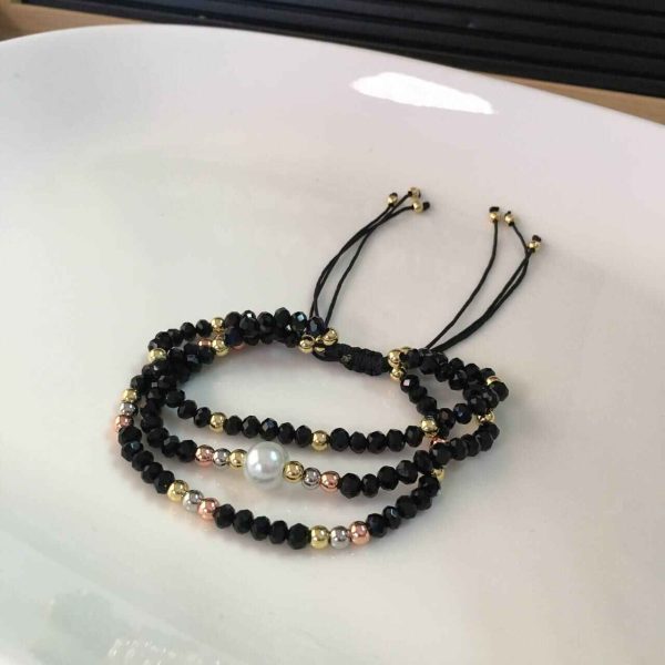 Set de Pulseras de Cristales Negros con Balines y Perla
