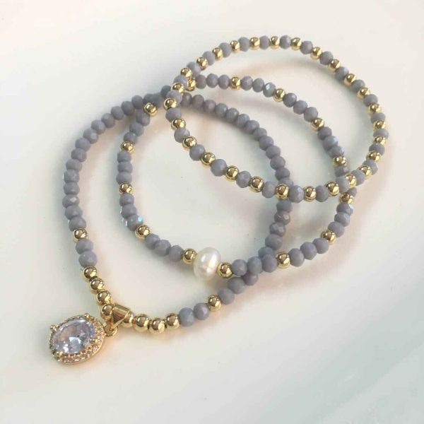 Set de Pulseras de Cristales Grises con Circón y Perla Cultivada