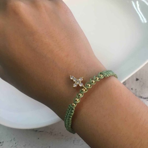 Pulsera Tejida Verde con Cruz Brillante