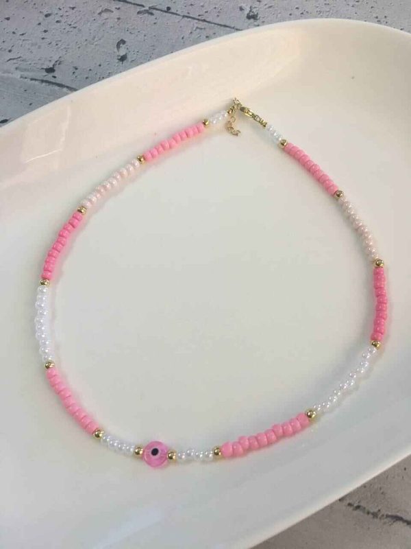 Gargantilla de Mostacillas Rosadas con Ojo Turco